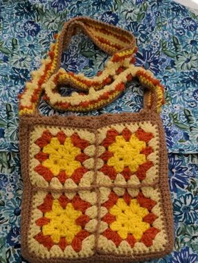 Handmade Crochet Granny Square Crossbody Bag in Yellow, Orange, Cream and Brown